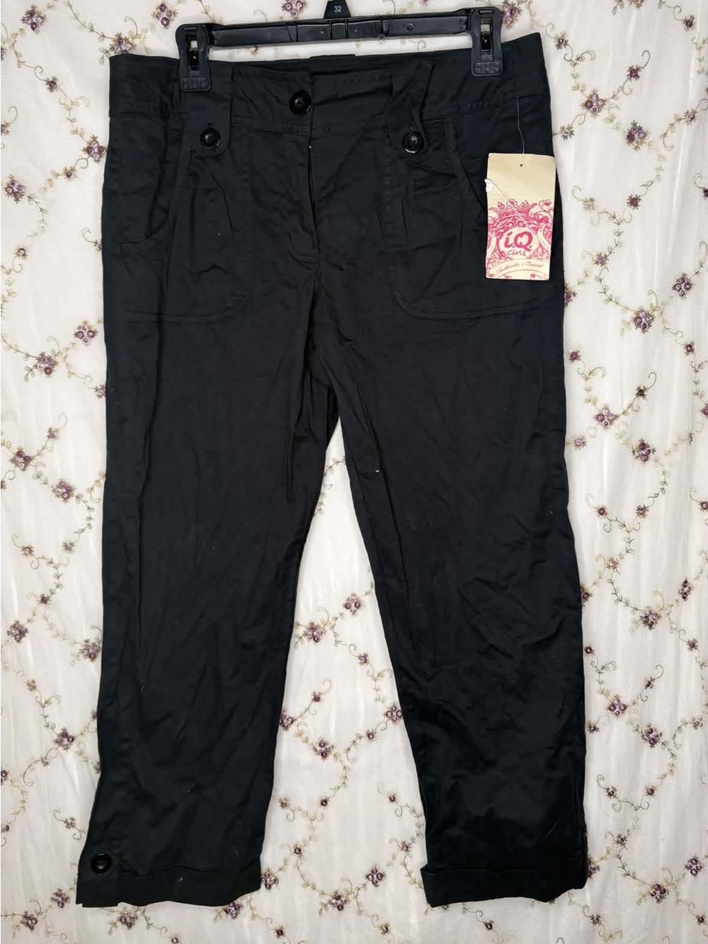 Women’s Black Cropped Casual Pants with Button Detail